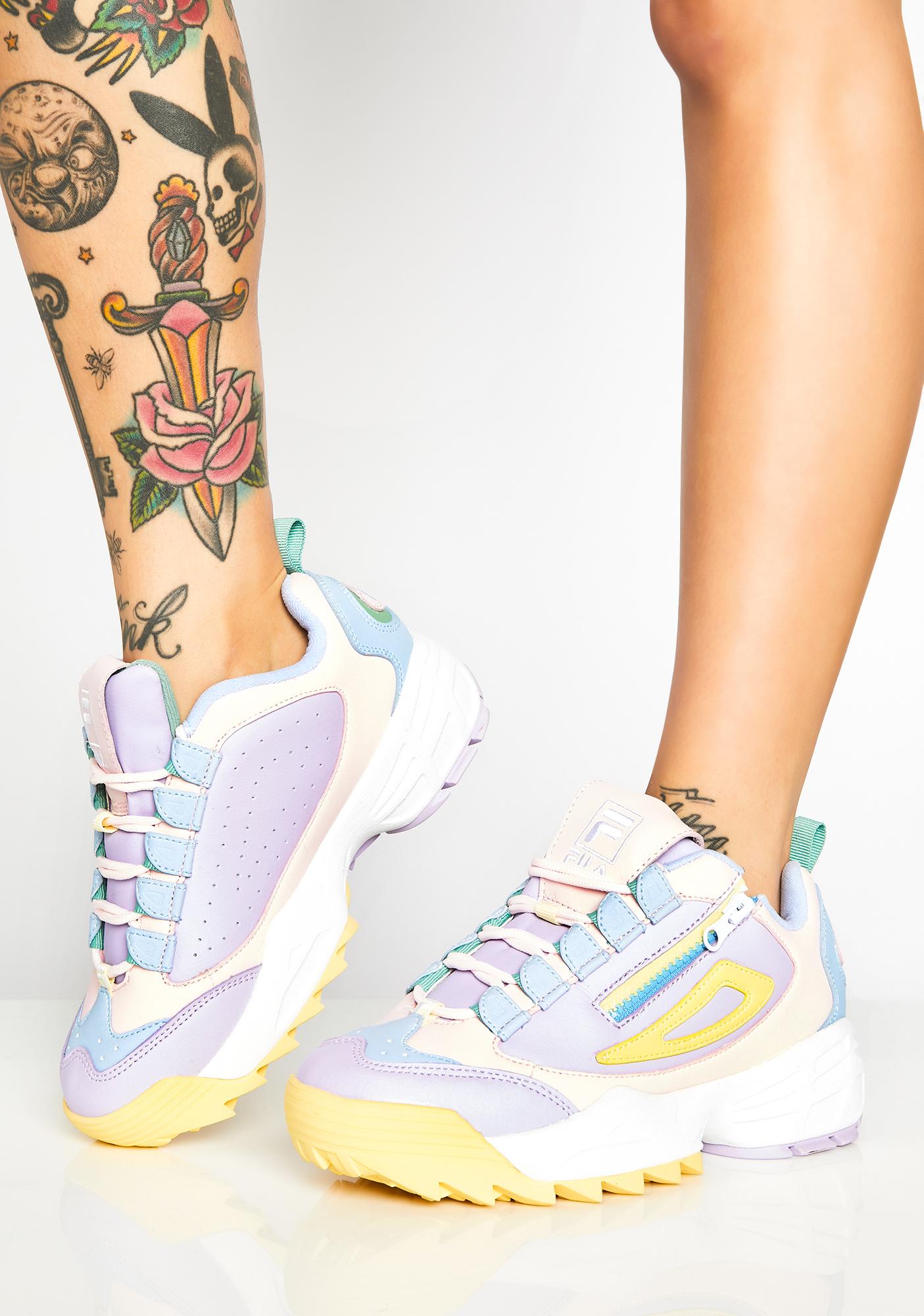fila pink lilac and yellow disruptor 3 zip sneakers