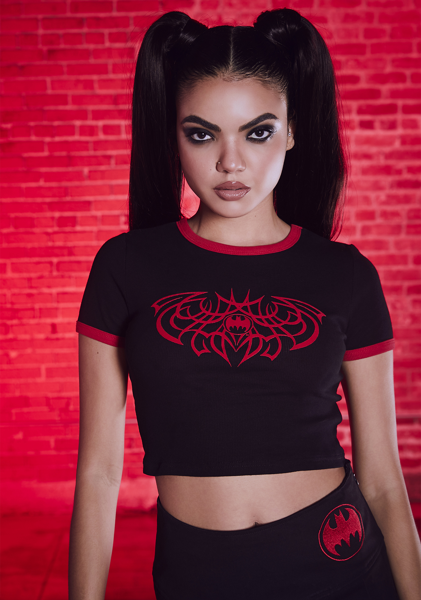 Dolls Kill X DC Comics Flocked Batman Logo Ringer Tee Red/Black