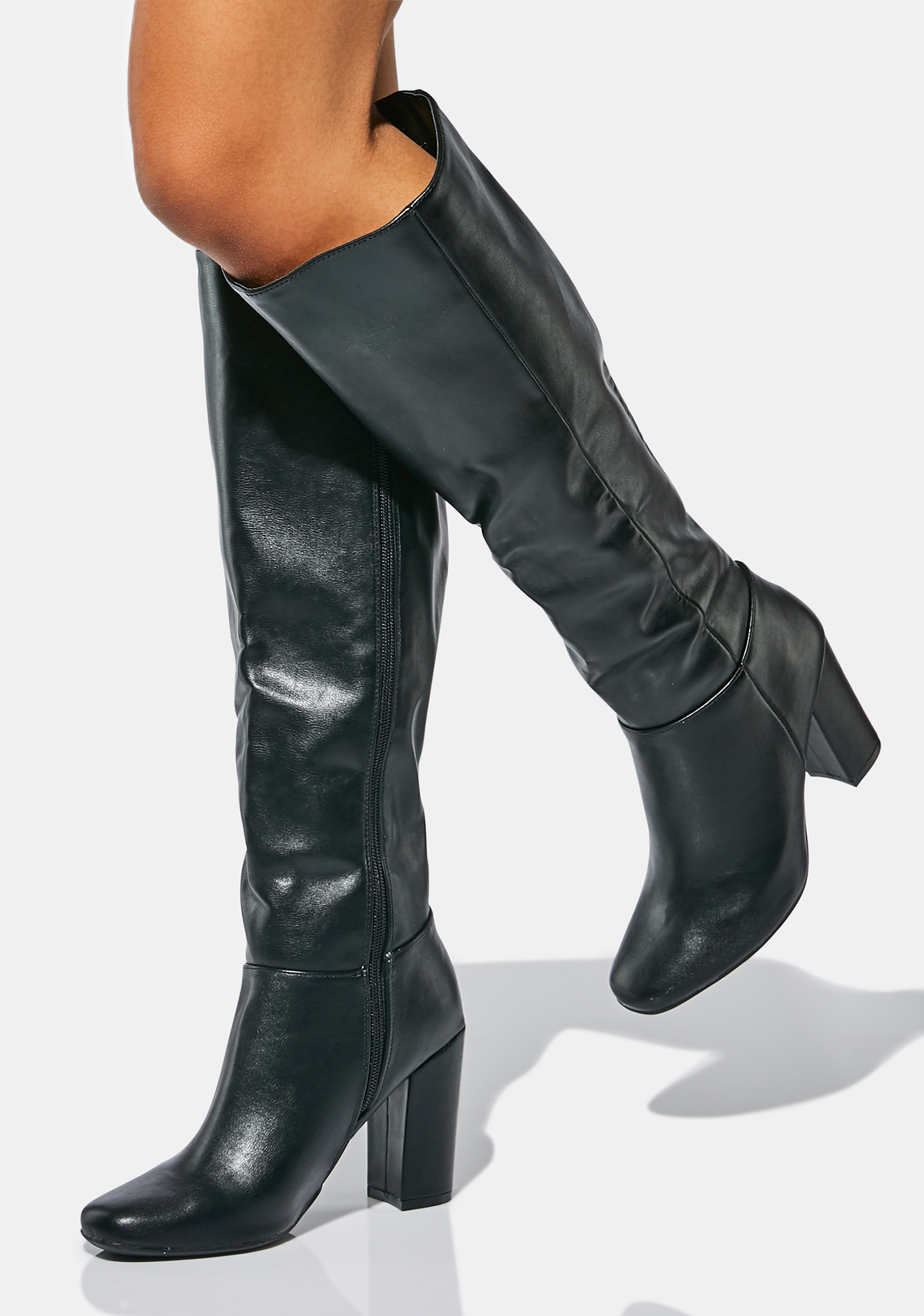 Smooth Vegan Leather Knee High Boots Black Dolls Kill
