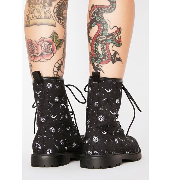 Combat Boots Celestial Print Lace Up Sun Moon Black Dolls Kill