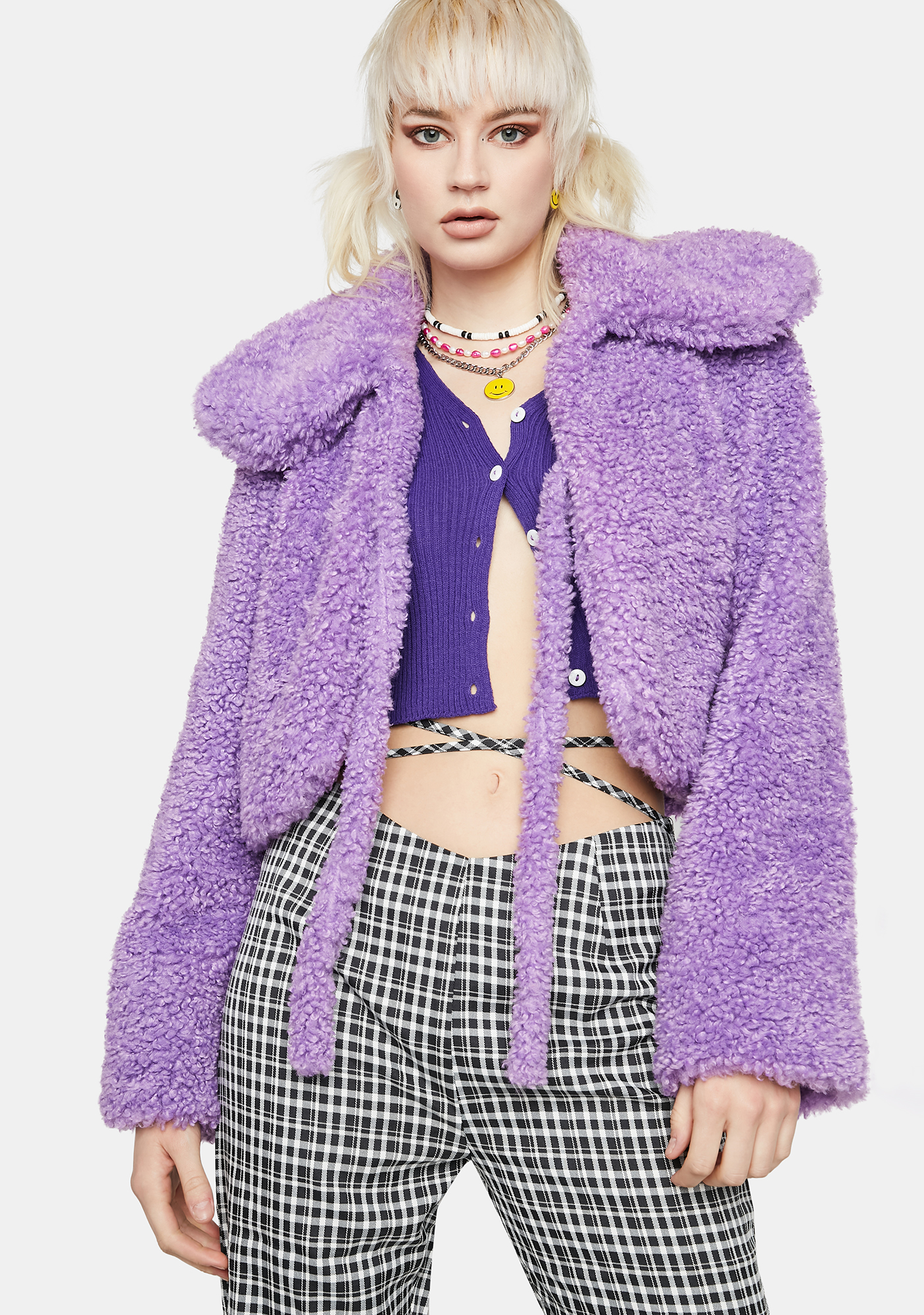Somewhere Nowhere Faux Fur Cropped Jacket - Purple | Dolls Kill