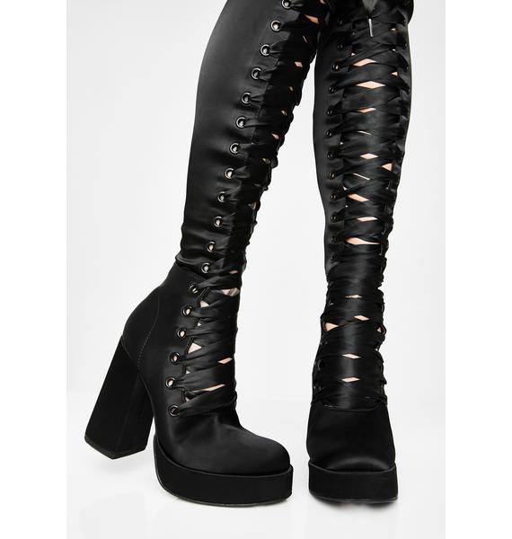 Sugar Thrillz Black Ribbon LaceUp Thigh High Boots Dolls Kill