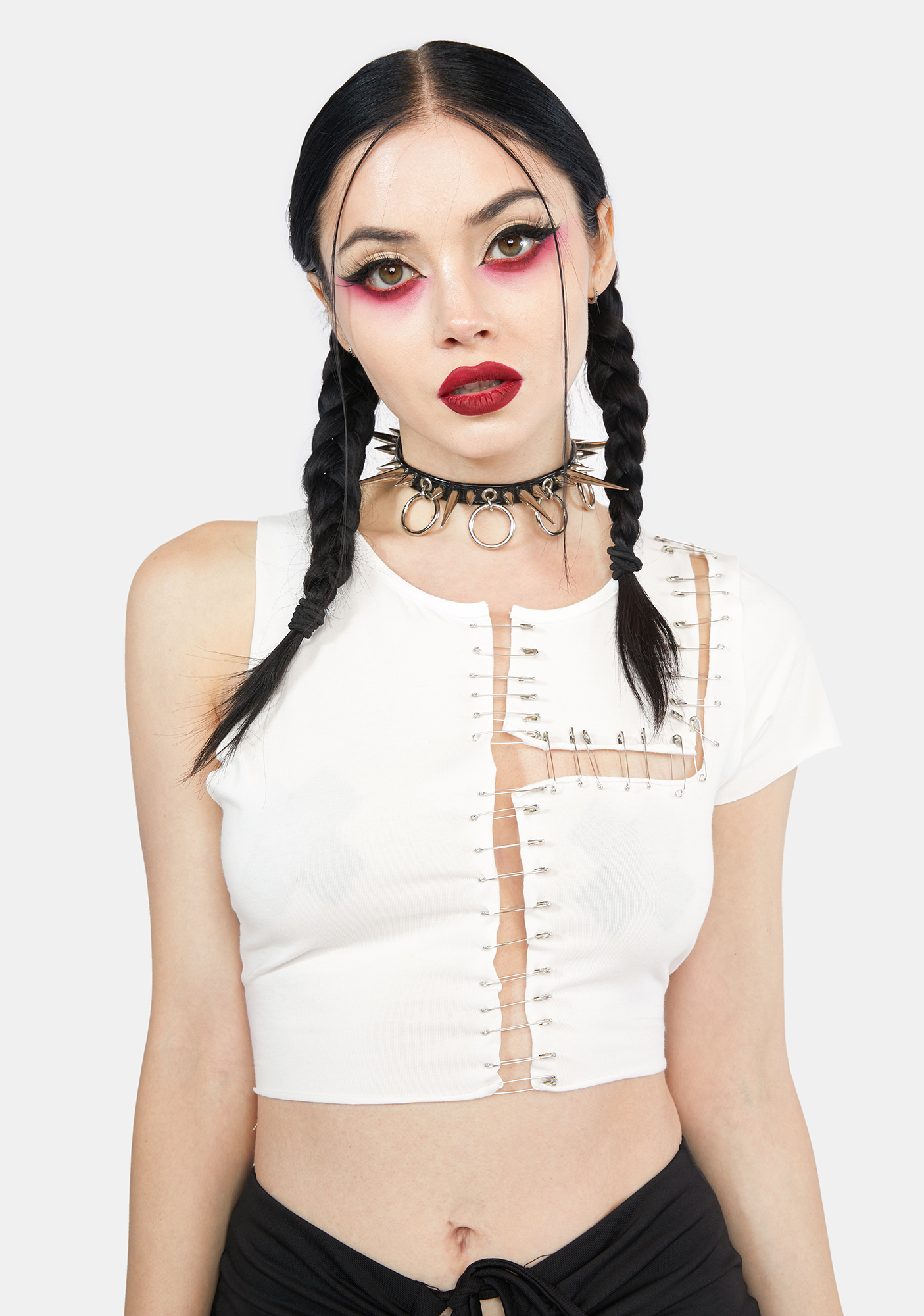 Kiki Riki Cutout Safety Pin Crop Top White Dolls Kill