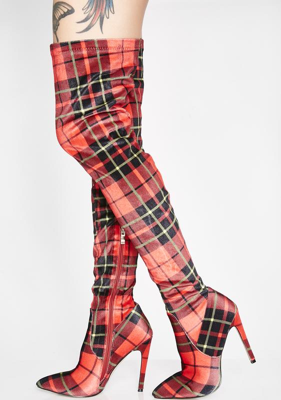checkered thigh high boots