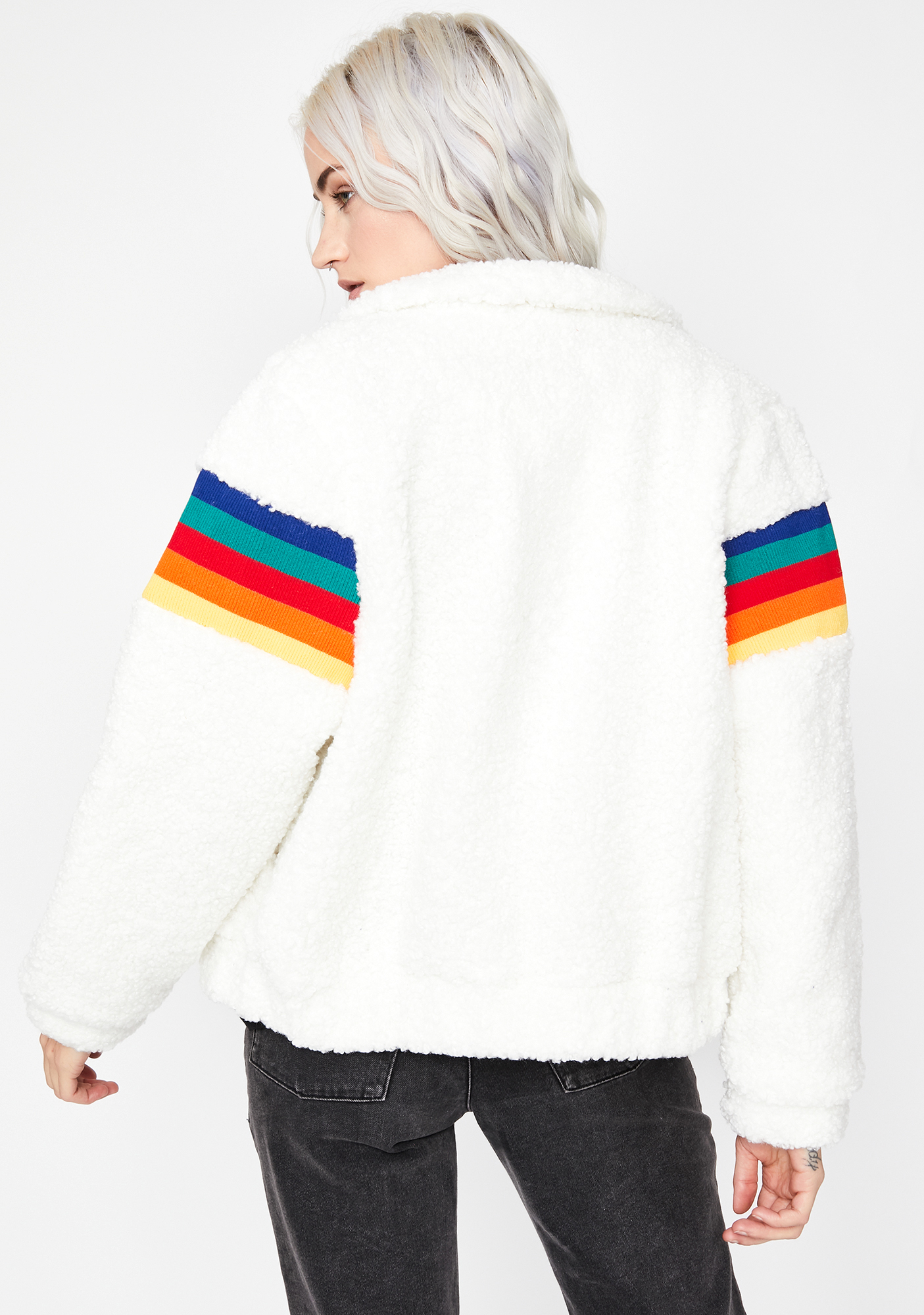 white jacket with rainbow stripes
