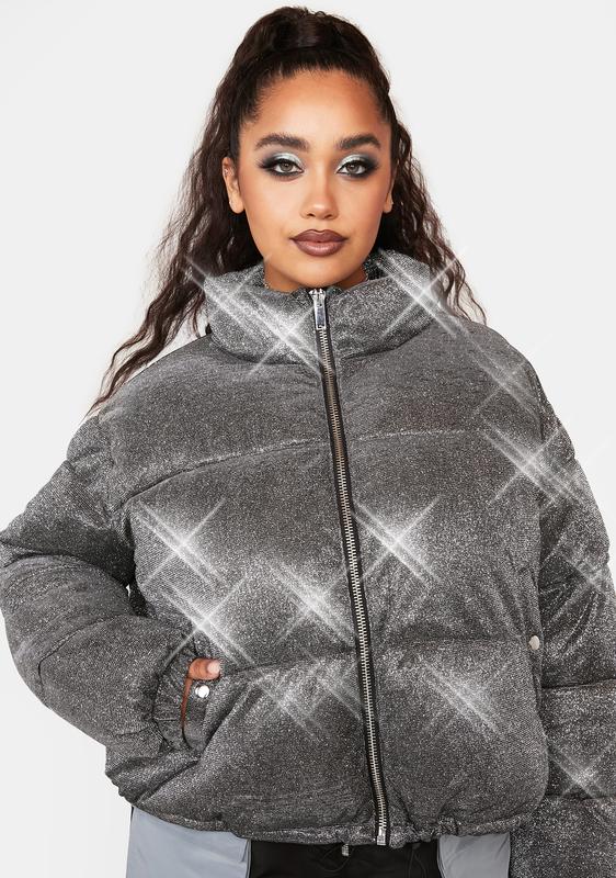 grey velvet cropped puffer coat