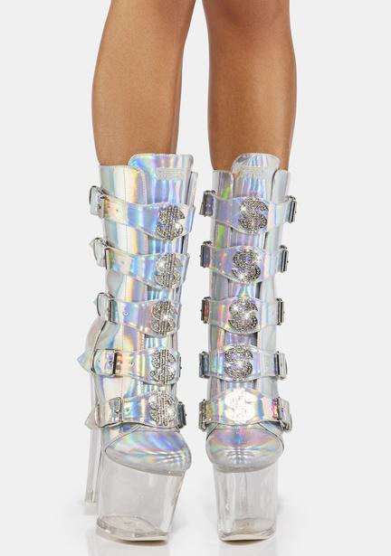 Club Exx Laser Cut Butterfly Holographic Knee High Platform Boots 