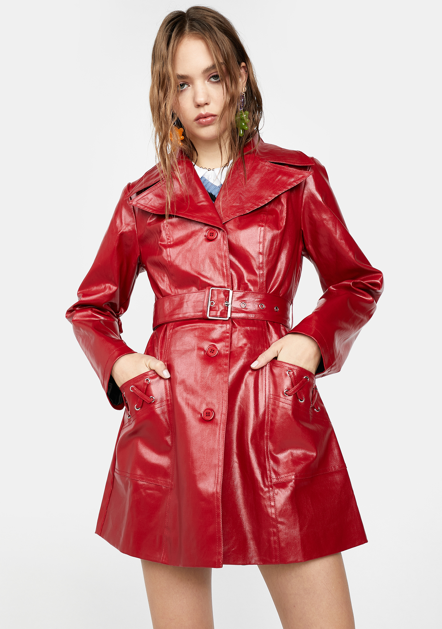 leather trench coat red