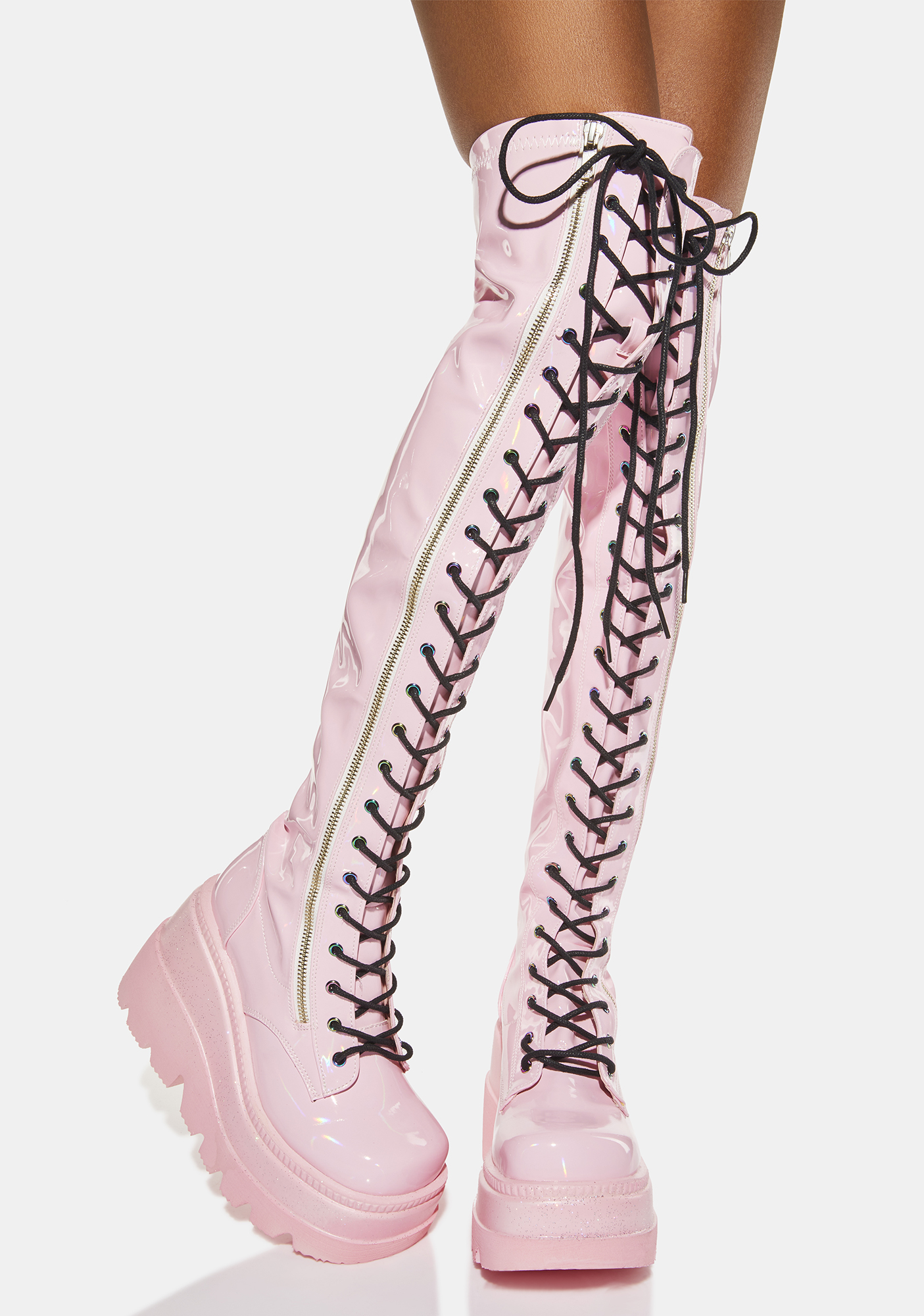 Demonia Wedge Platform Thigh High Boots Pink Holographic Dolls Kill