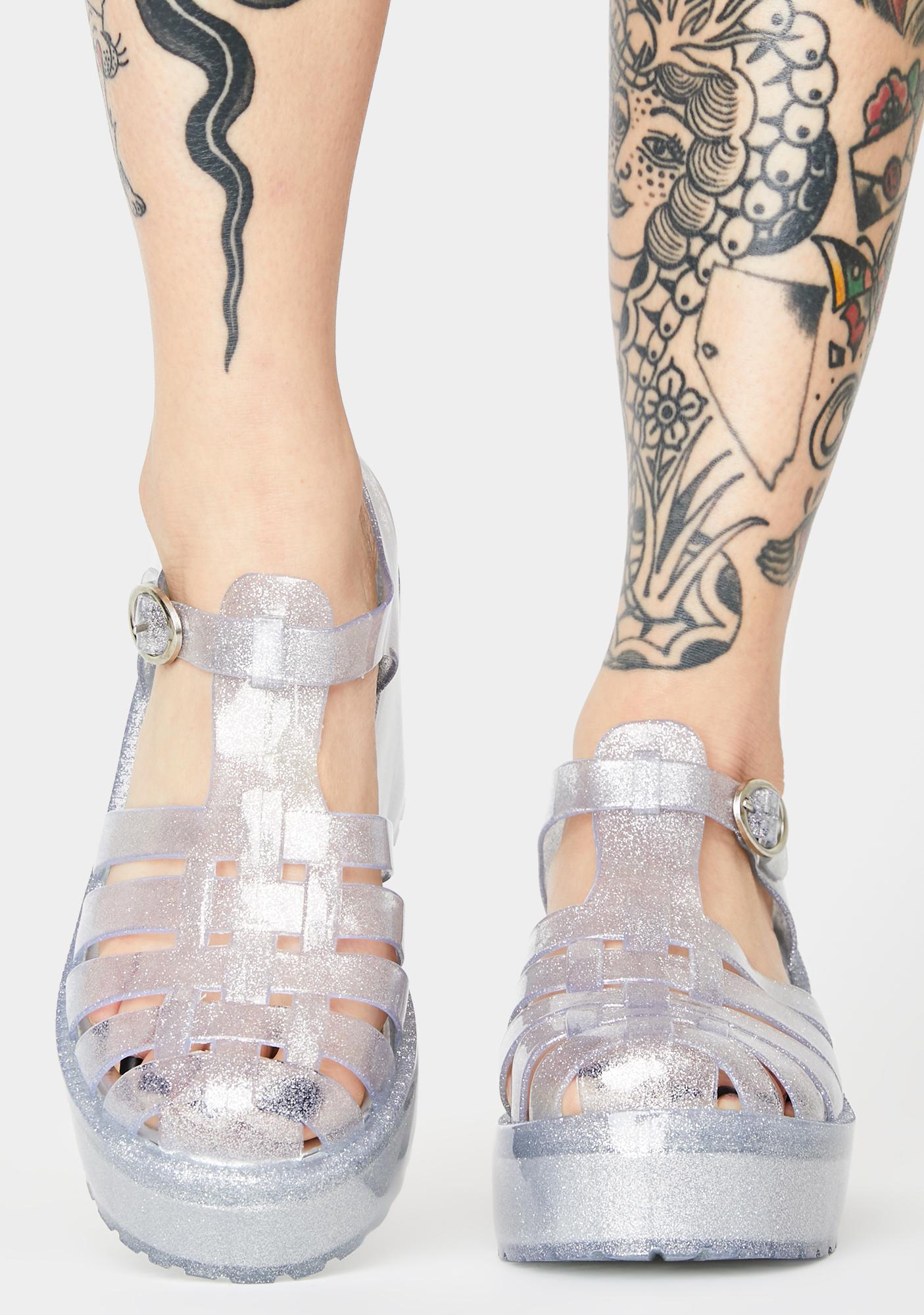Glittery Platform PVC Jelly Shoes Silver Dolls Kill