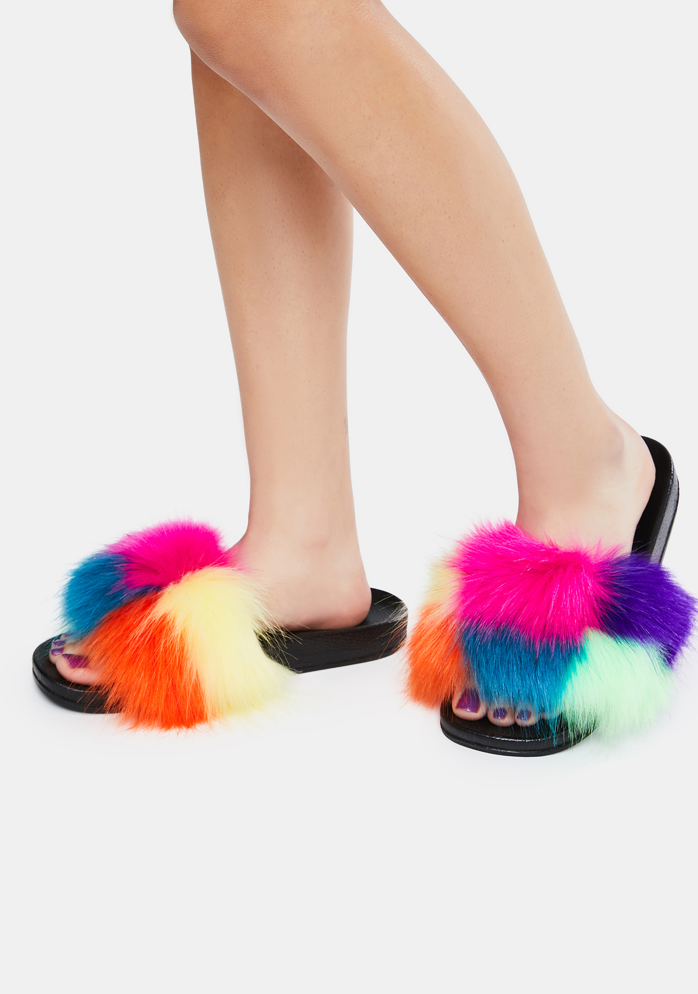 Rainbow Patchwork Faux Fur Slippers - Multi | Dolls Kill