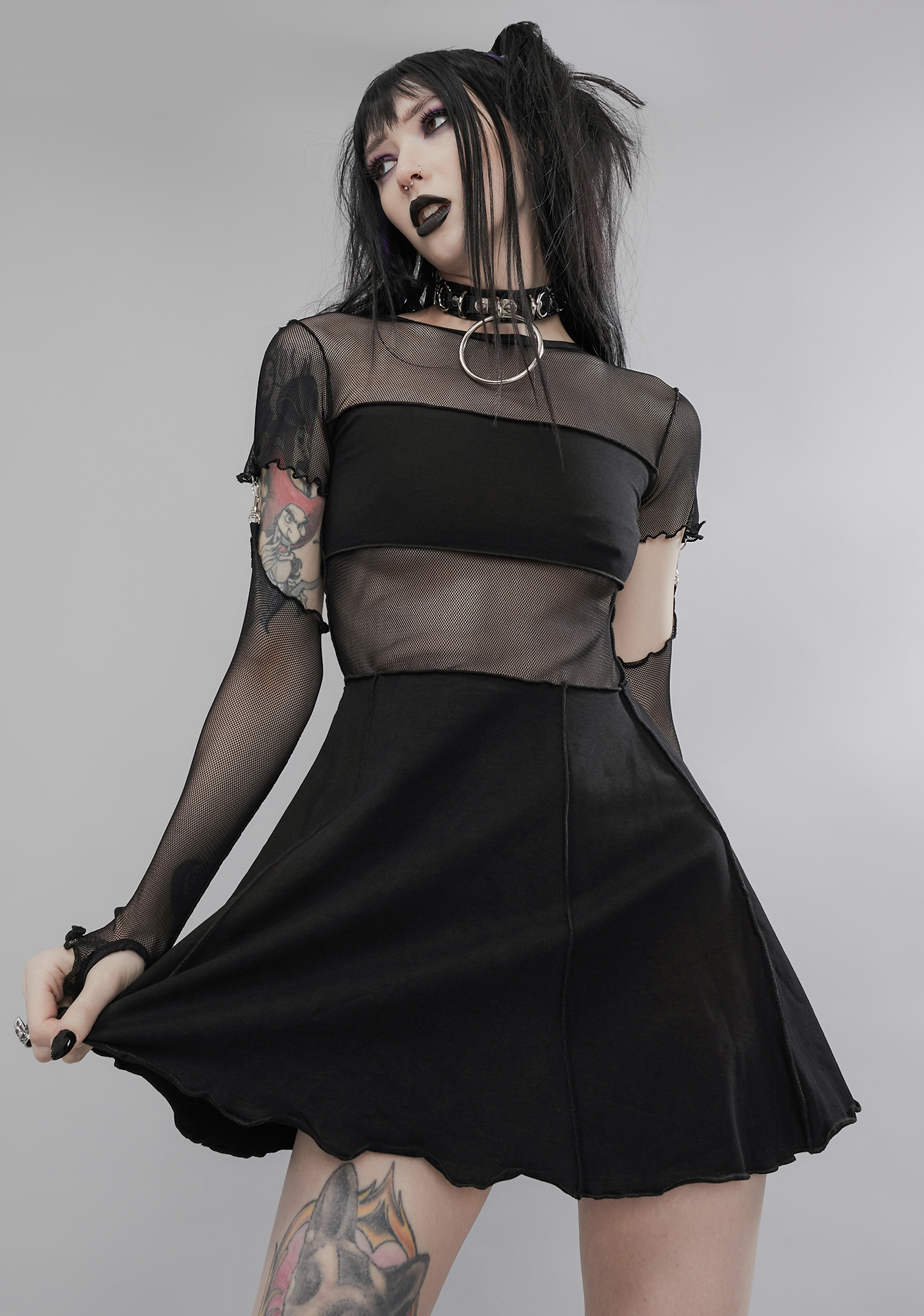 Widow Fishnet Fit & Flare Dress With Detachable Sleeves - Black | Dolls ...