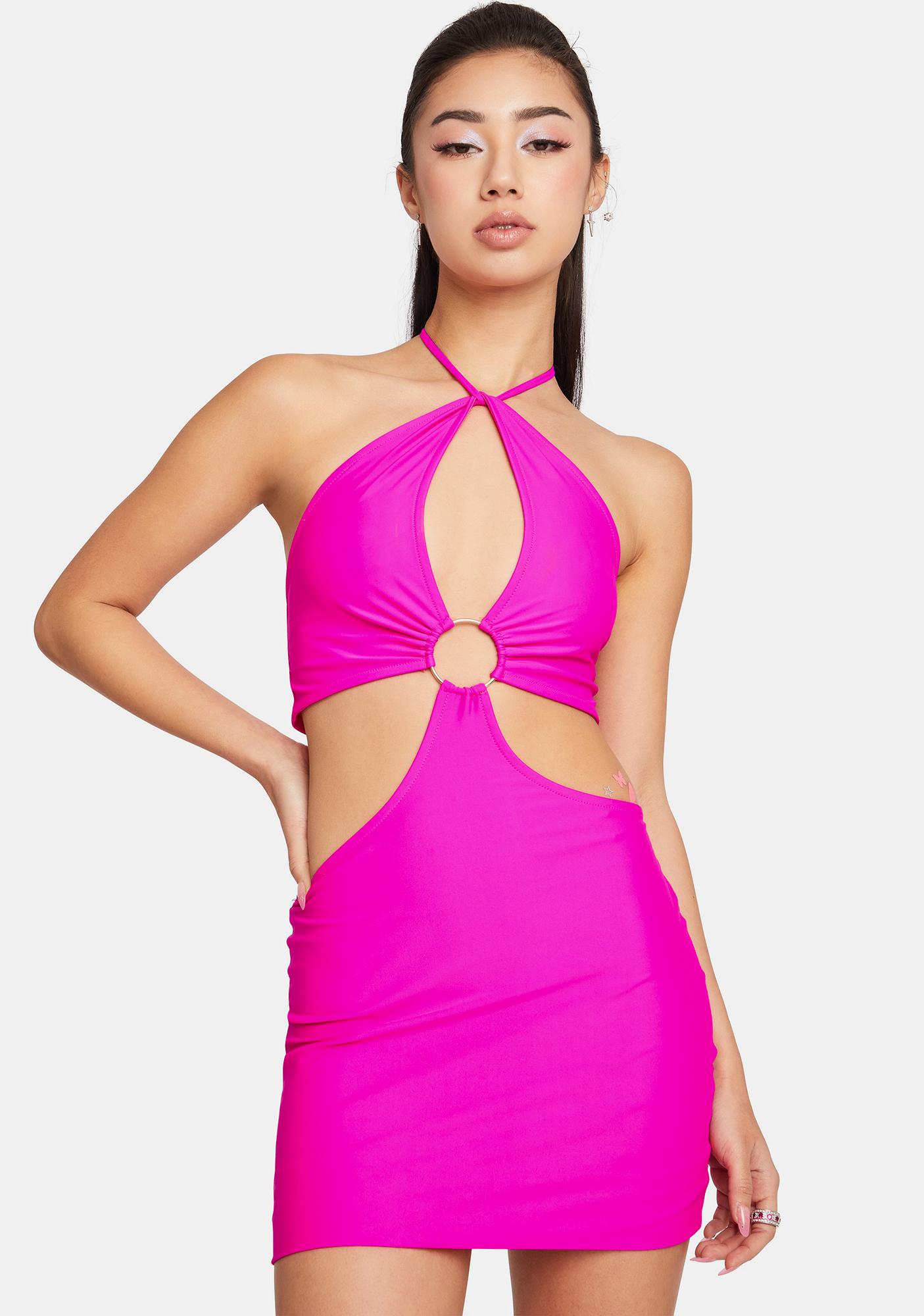 O Ring Cutout Halter Bodycon Mini Dress Fuchsia Dolls Kill