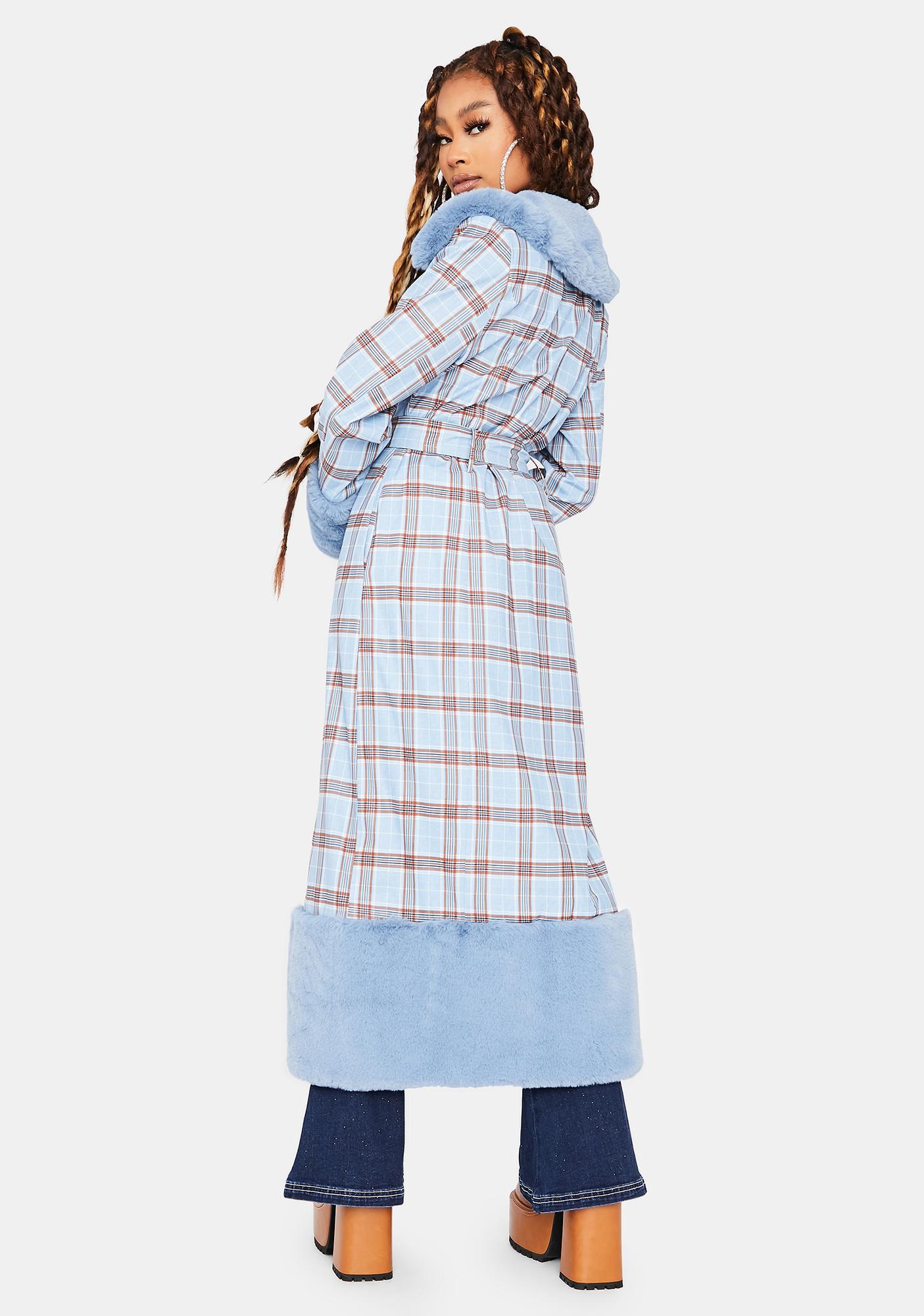 Fur Trimmed Long Button Up Coat Blue Plaid Dolls Kill