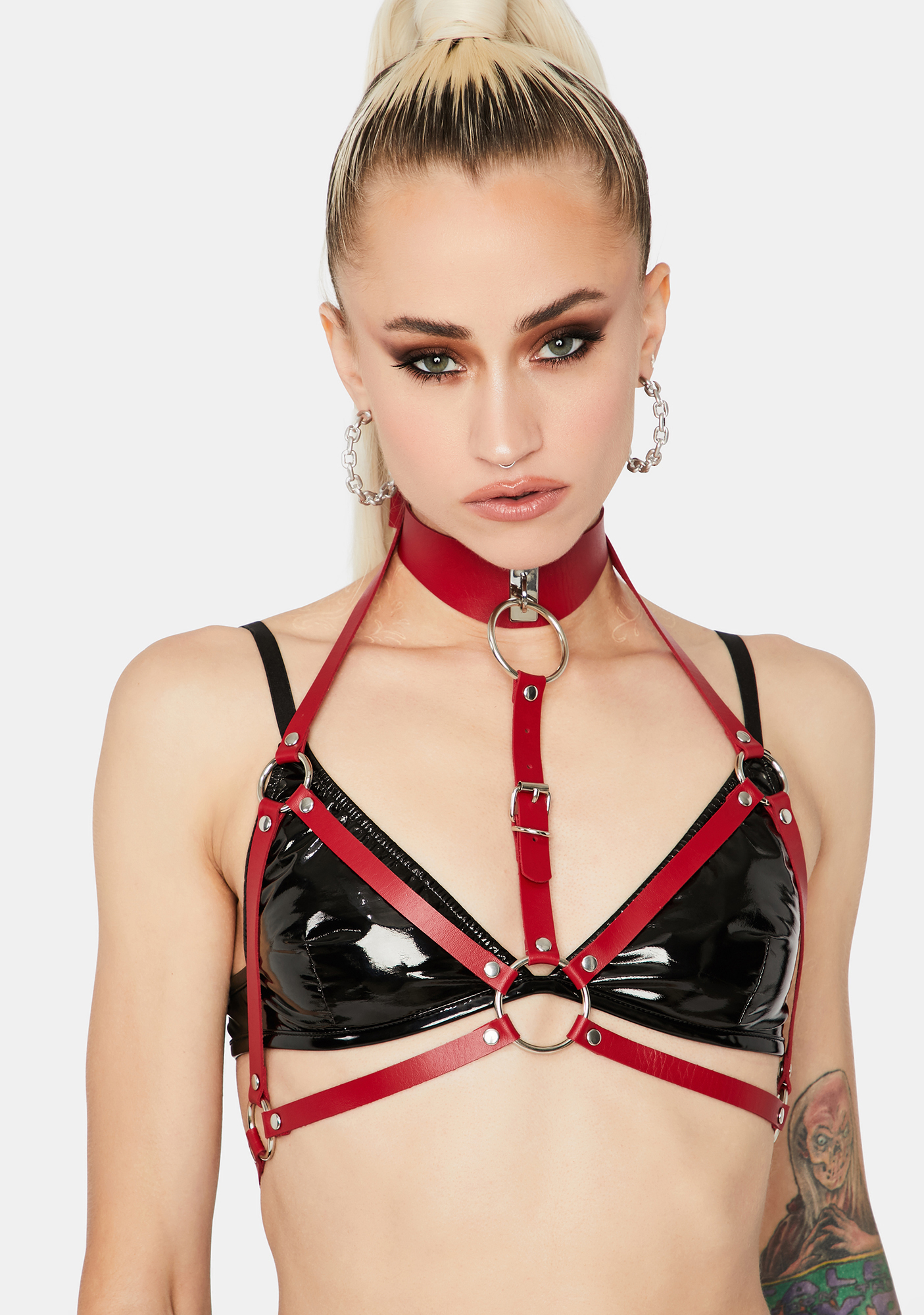 O Ring Choker Body Harness Red Vegan Leather Dolls Kill