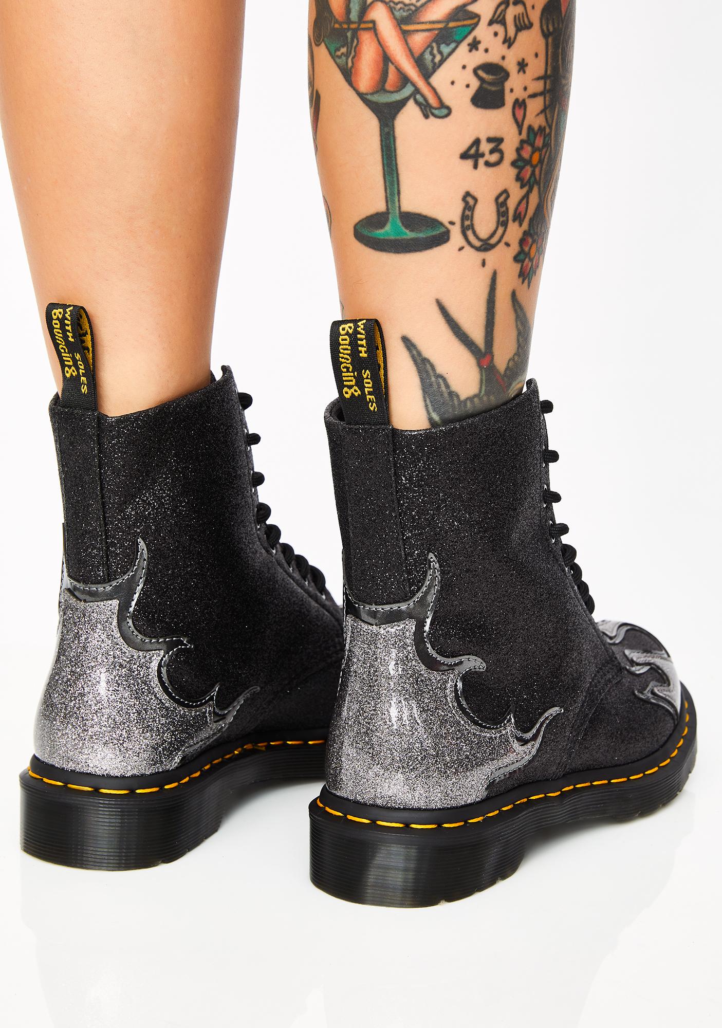 dr martens 1460 pascal black glitter flame flat ankle boots
