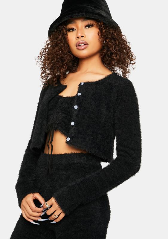 black fluffy cropped cardigan