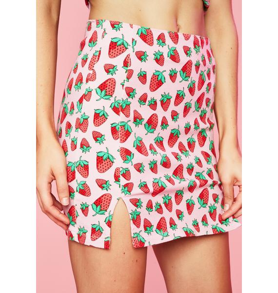 Sugar Thrillz Denim Strawberry Print Mini Skirt Pink Dolls Kill