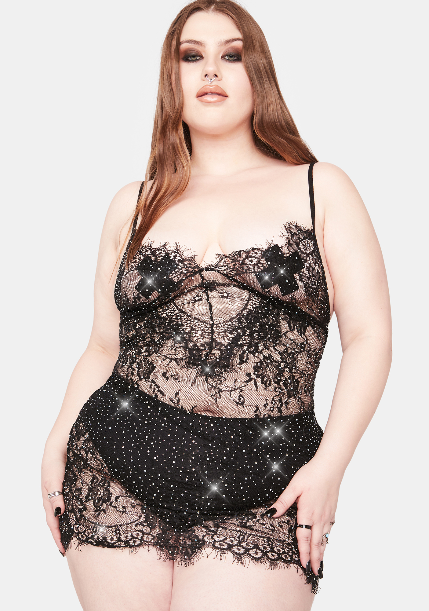 Plus Size Lace Rhinestone Backless Chemise Black Dolls Kill 