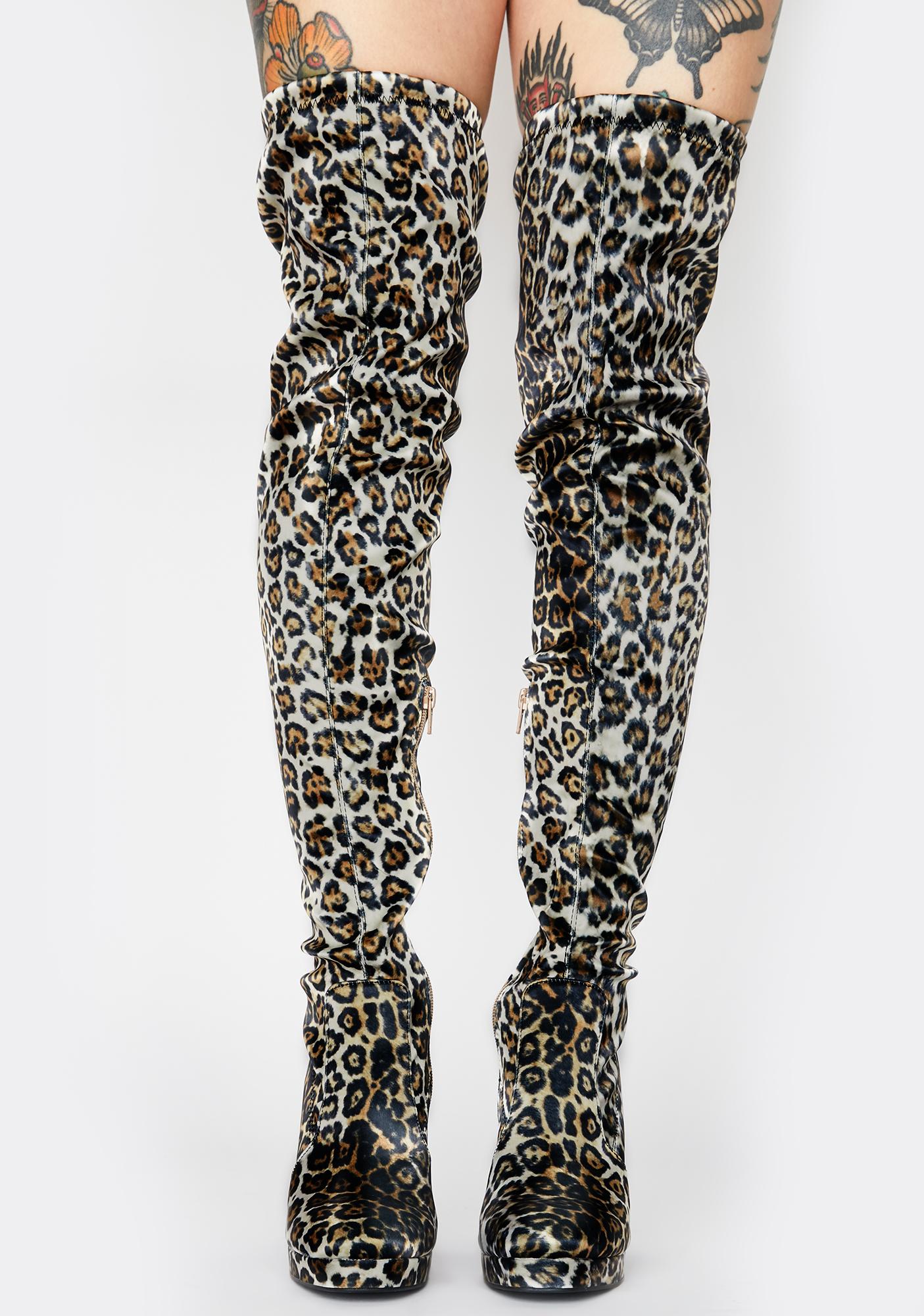 Sugar Thrillz Thigh High Block Boots Brown Leopard | Dolls Kill