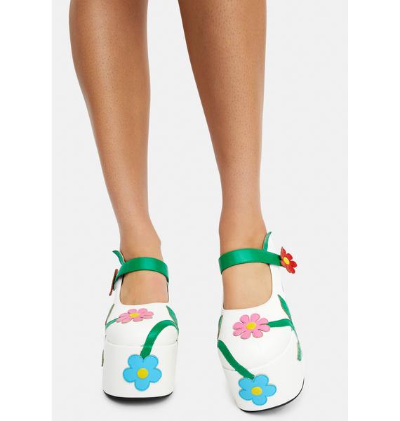Delias Groovy Faux Suede Flower Applique Platform Mary Janes - White | Dolls Kill