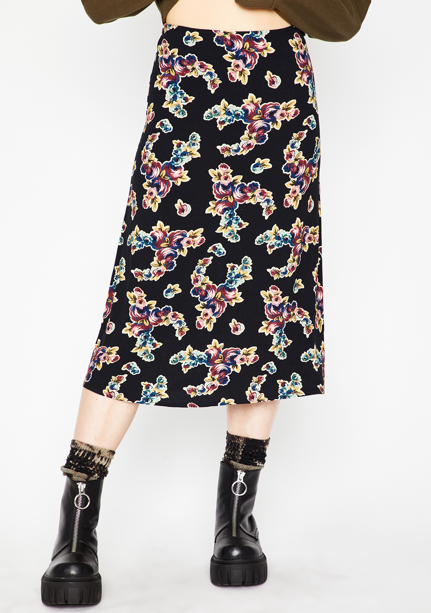 Current Mood Floral Print Midi Skirt Black | Dolls Kill