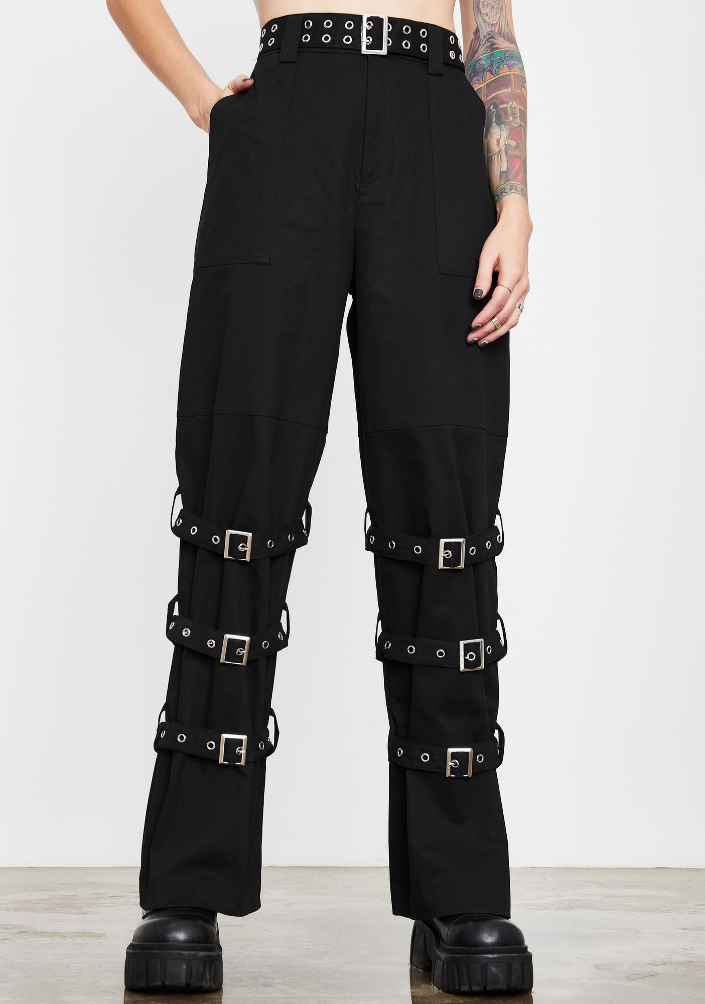 Current Mood Twill Buckle Strap Straight Leg Pants Black | Dolls Kill