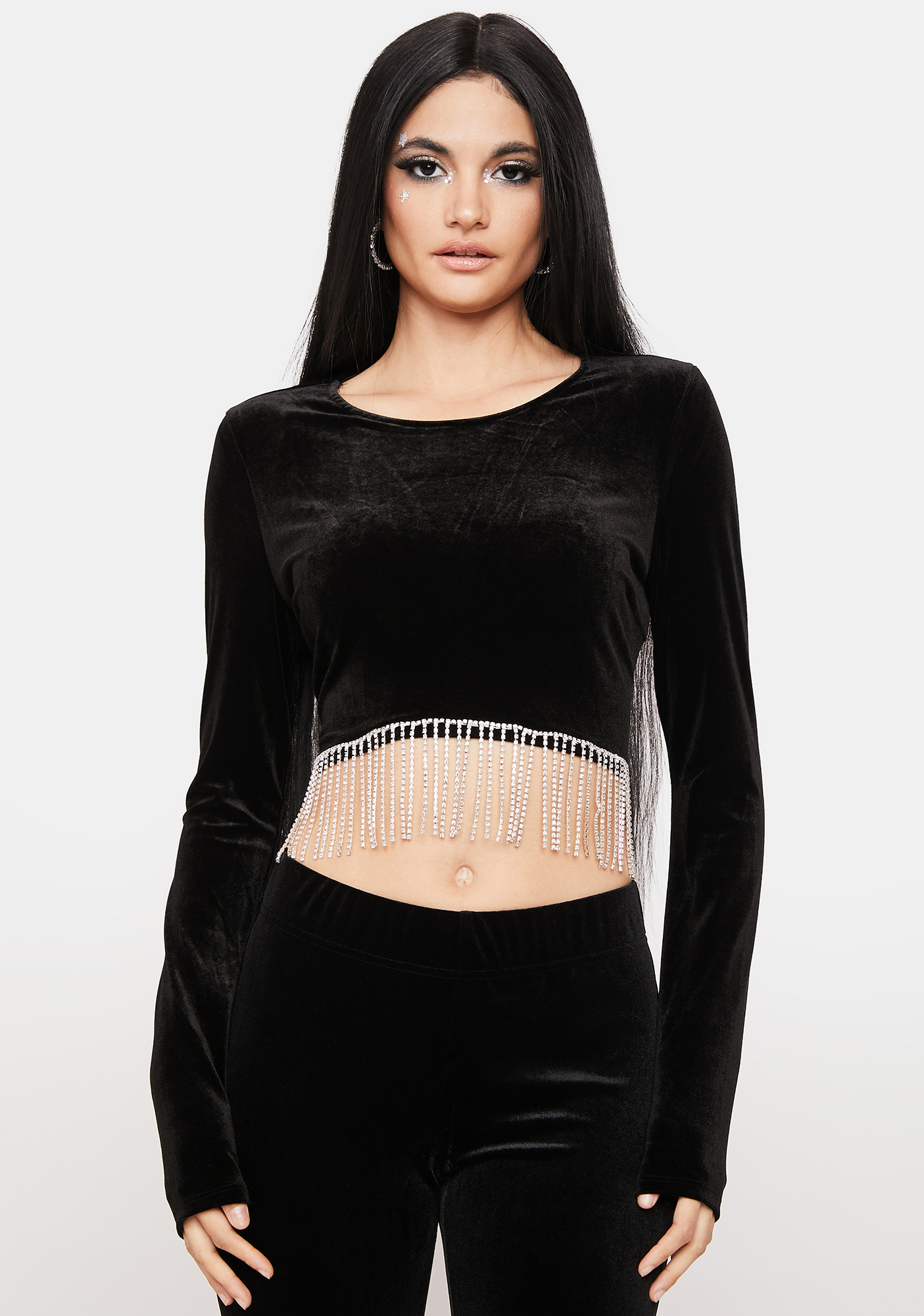 Velvet Long Sleeve Crop Top With Rhinestone Fringe Black Dolls Kill 3752