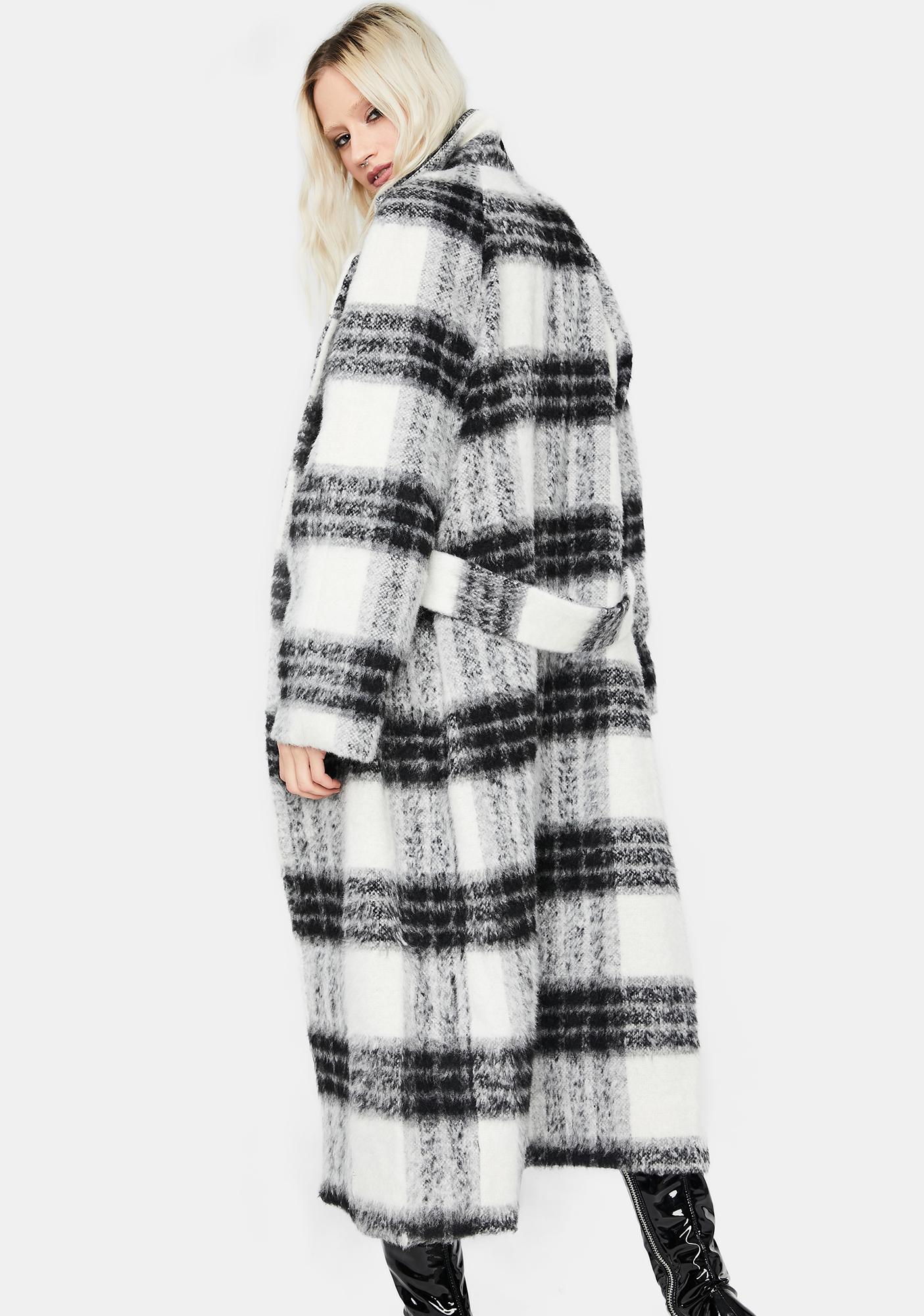 Plaid Wool Long Coat - Black/White | Dolls Kill
