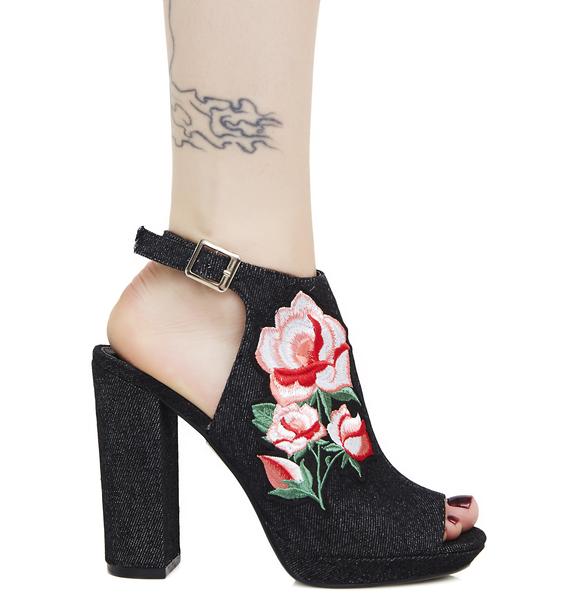 Denim Rose Embroidered Platform Heels Black | Dolls Kill