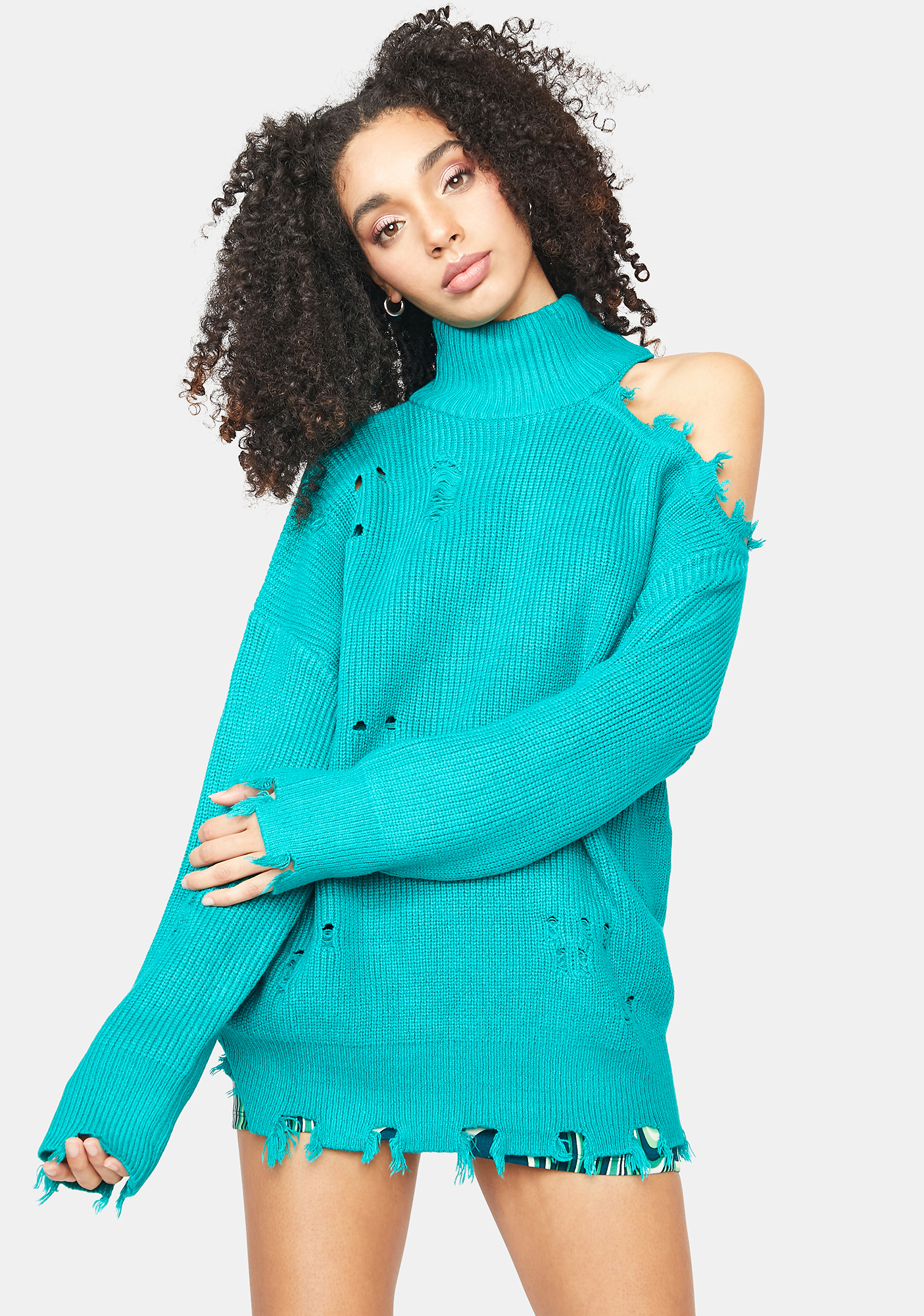 Distressed Asymmetrical Cold Shoulder Turtleneck Green | Dolls Kill