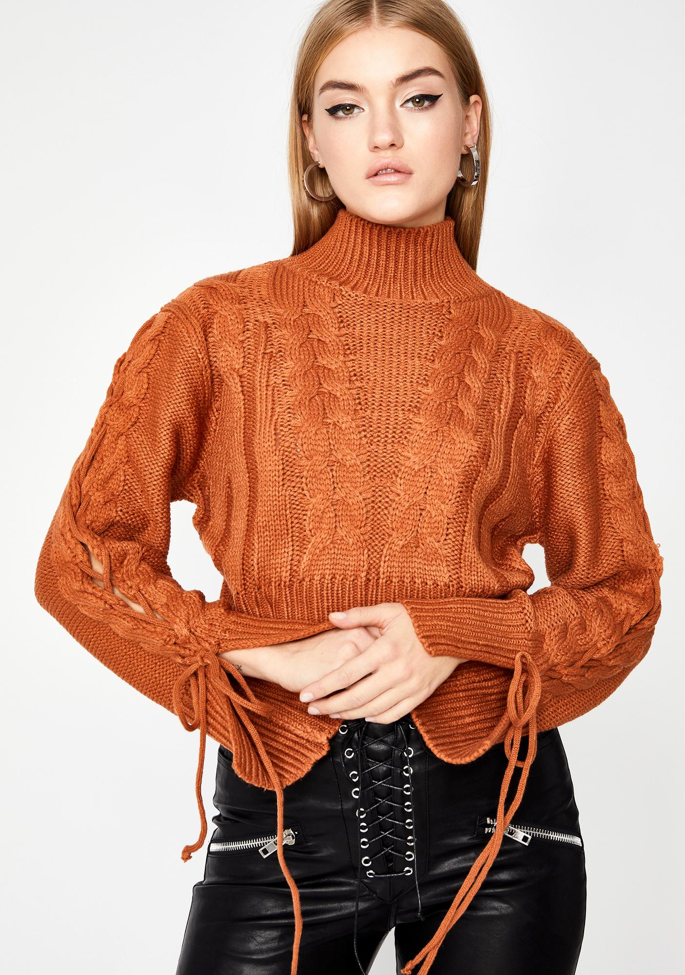 Cropped Cable Knit Turtleneck Sweater Rust Dolls Kill 