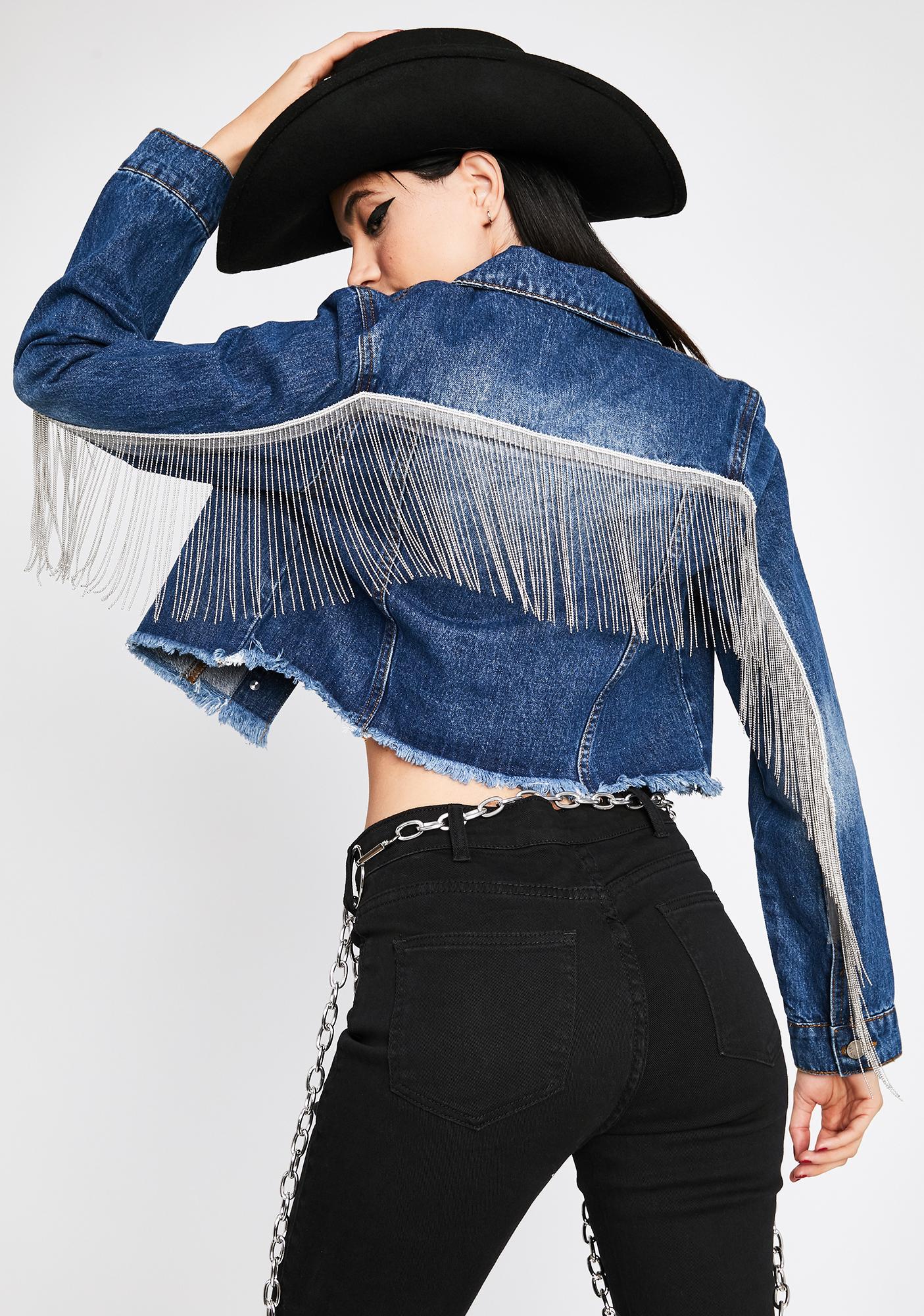 Rhinestone Fringe Denim Jacket Crop Button Front Blue | Dolls Kill