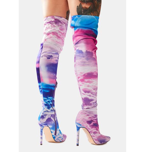 Cloud Print Thigh High Heeled Boots Pink Blue | Dolls Kill
