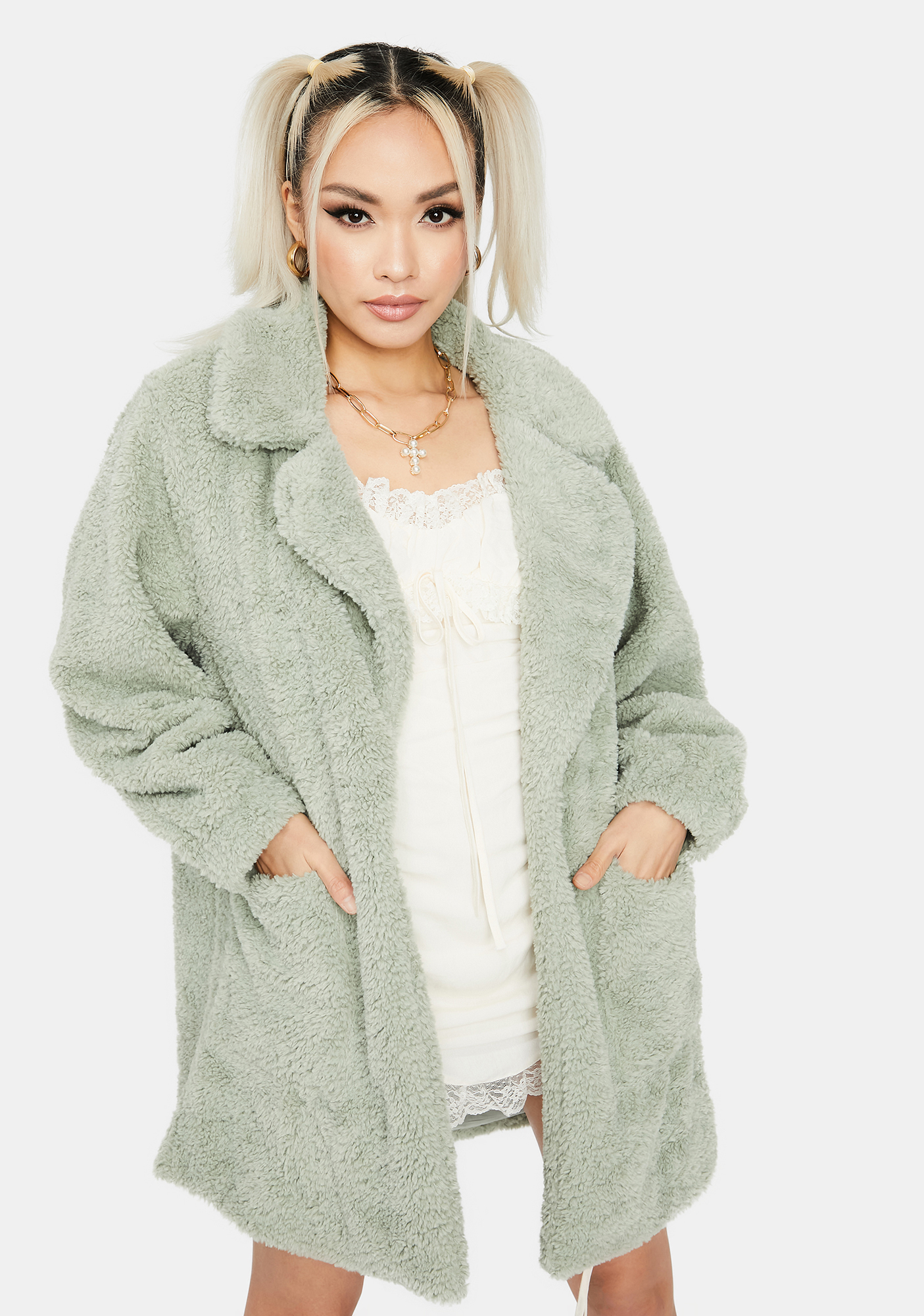 Teddy Coat With Front Pockets - Sage Green | Dolls Kill