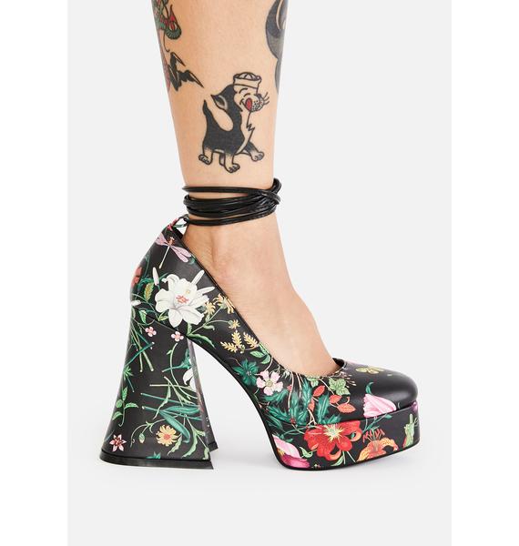 Lamoda Floral Platform Heels - Black Faux Leather | Dolls Kill