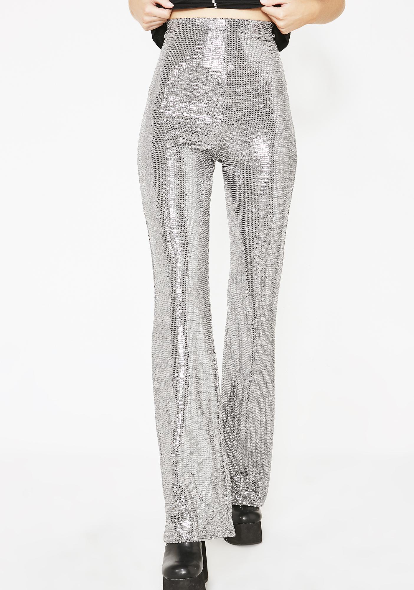 silver metallic flare pants