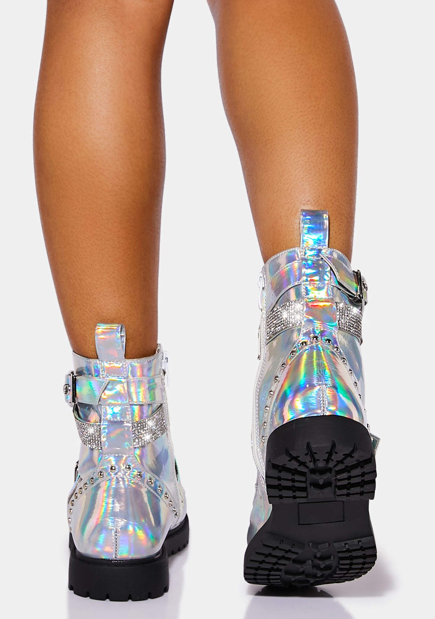 Vegan Leather Lace Up Rhinestone Strap Ankle Boots - Holo | Dolls Kill