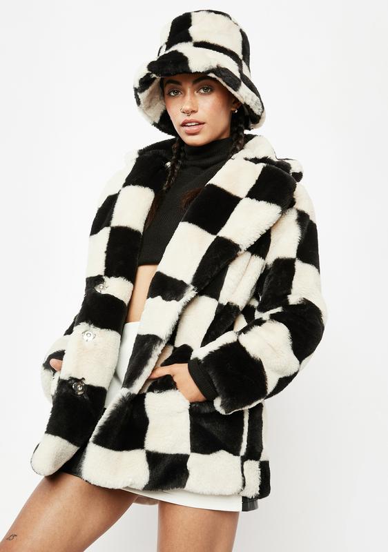 checkered faux fur coat