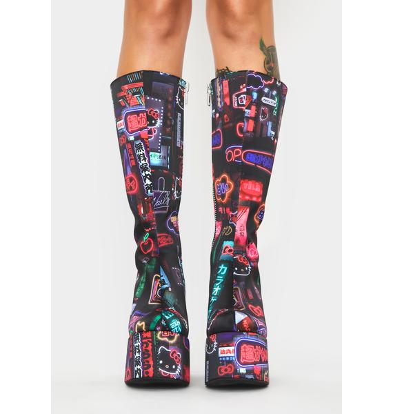 Dolls Kill Hello Kitty Neon Graphic Knee High Platform Block Boots