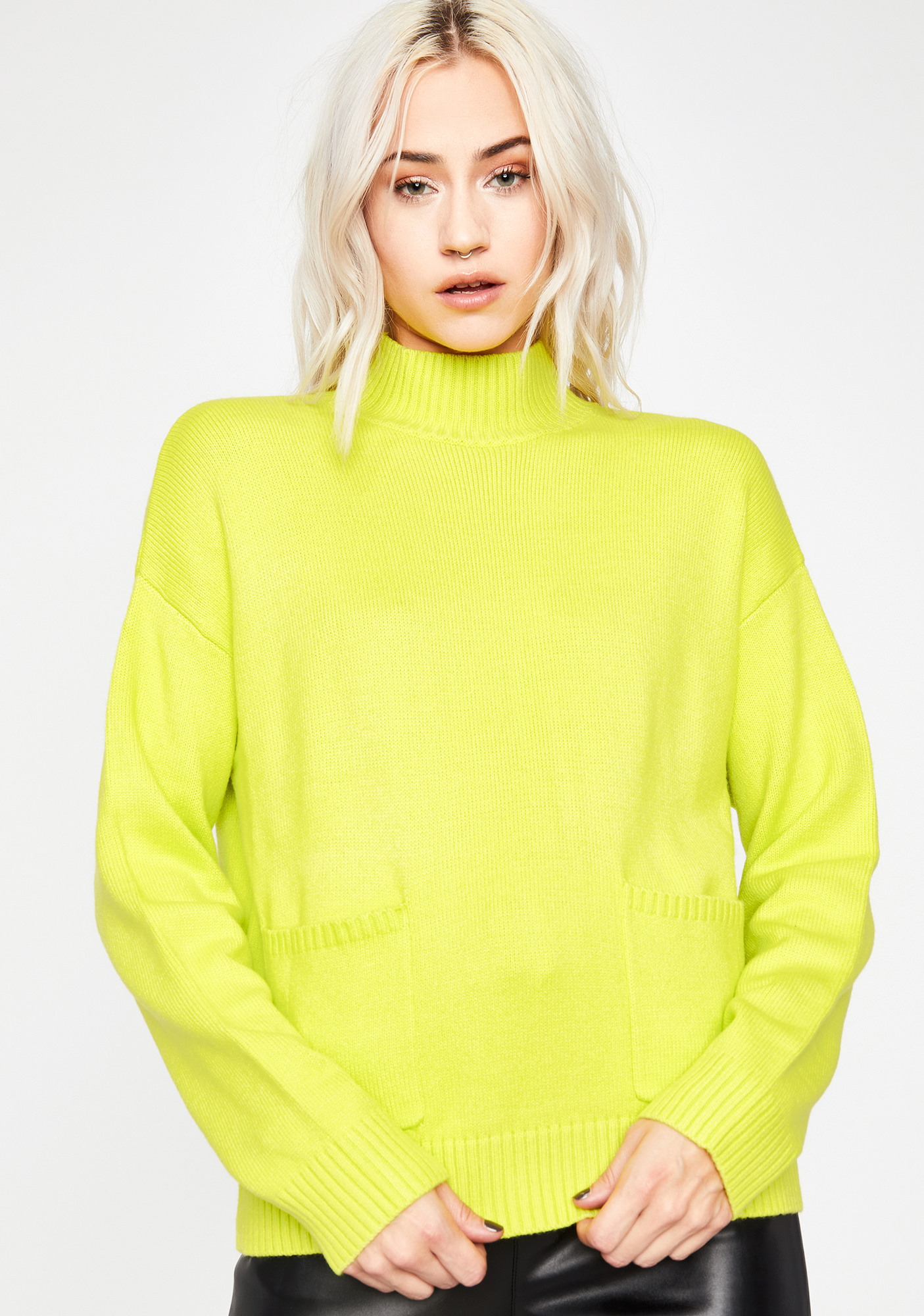 Neon Knit Turtleneck Long Sleeve Sweater Highlighter Yellow Pockets ...