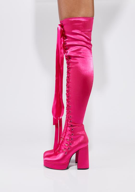 Sugar Thrillz Satin Thigh High Lace Up Boots - Pink | Dolls Kill