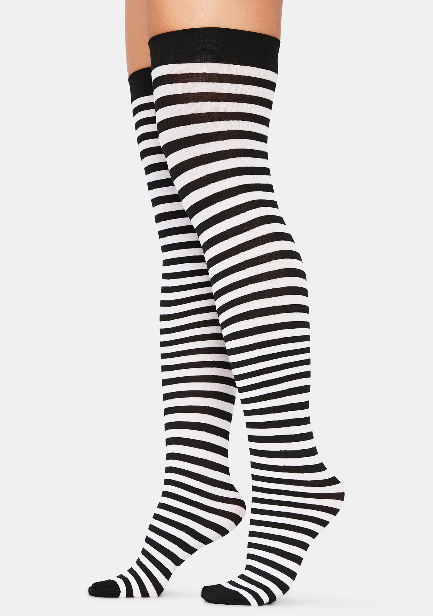 Striped Halloween Thigh High Socks - Black White | Dolls Kill