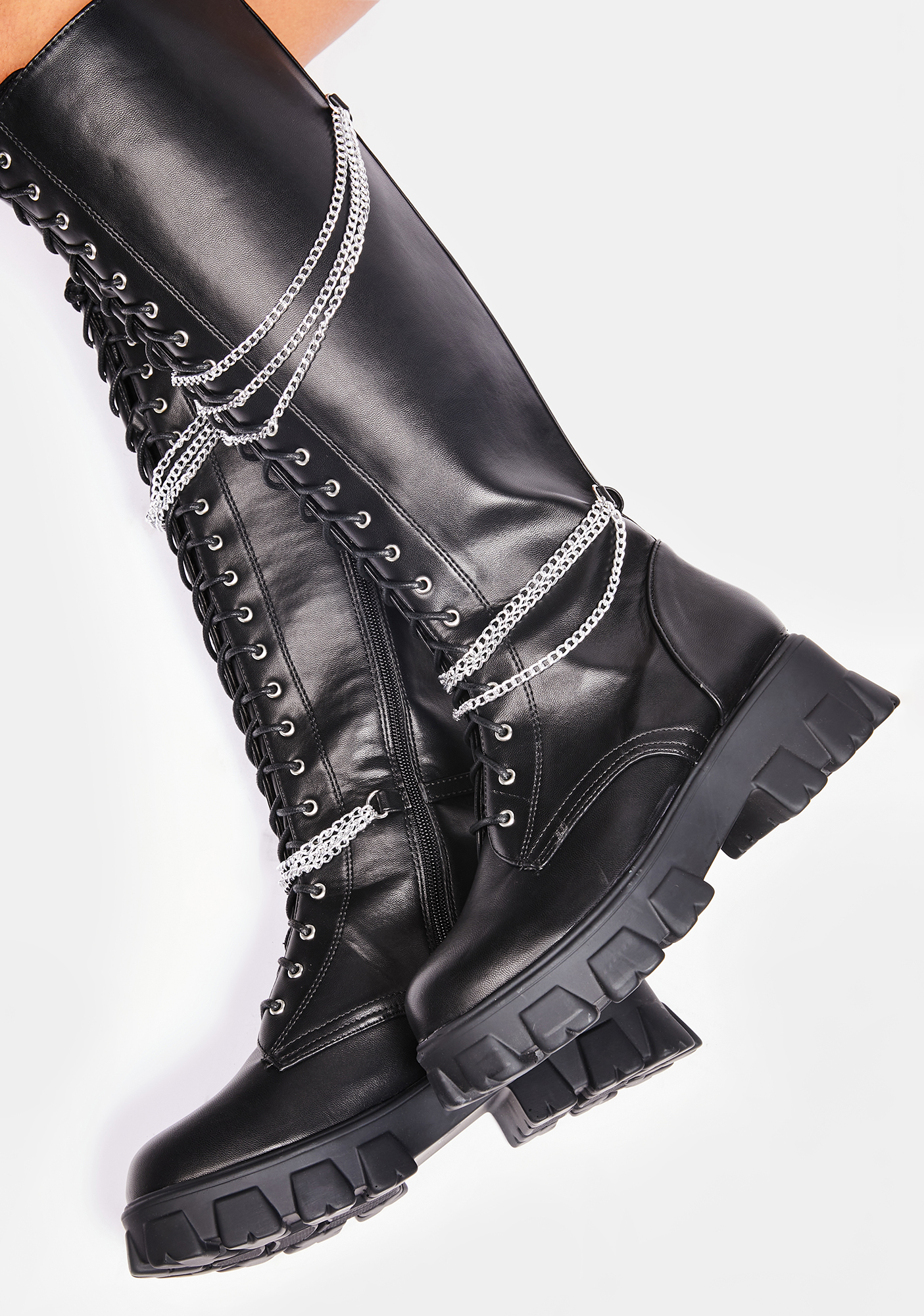 Knee High Vegan Leather Chain Detail Boots | Dolls Kill