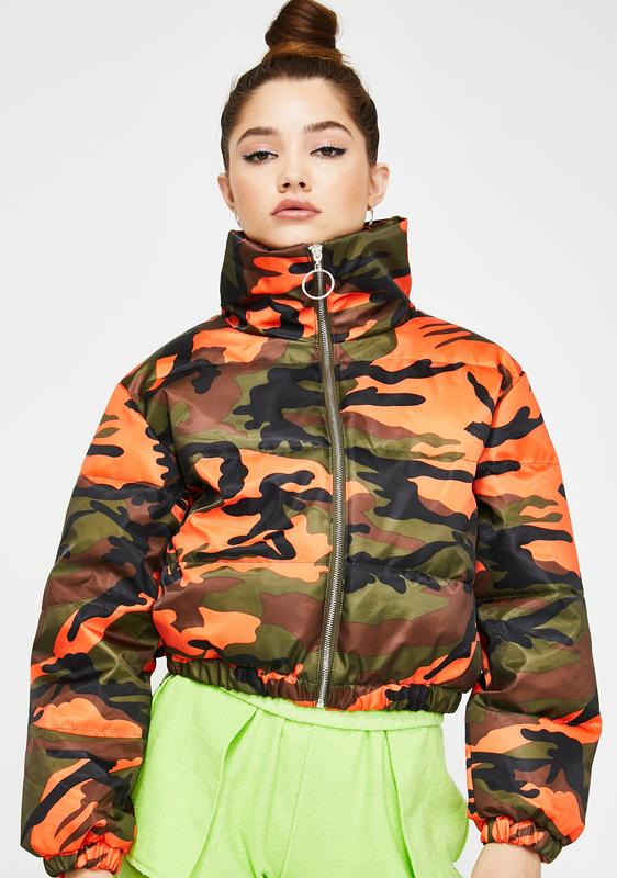 orange camo puffer jacket