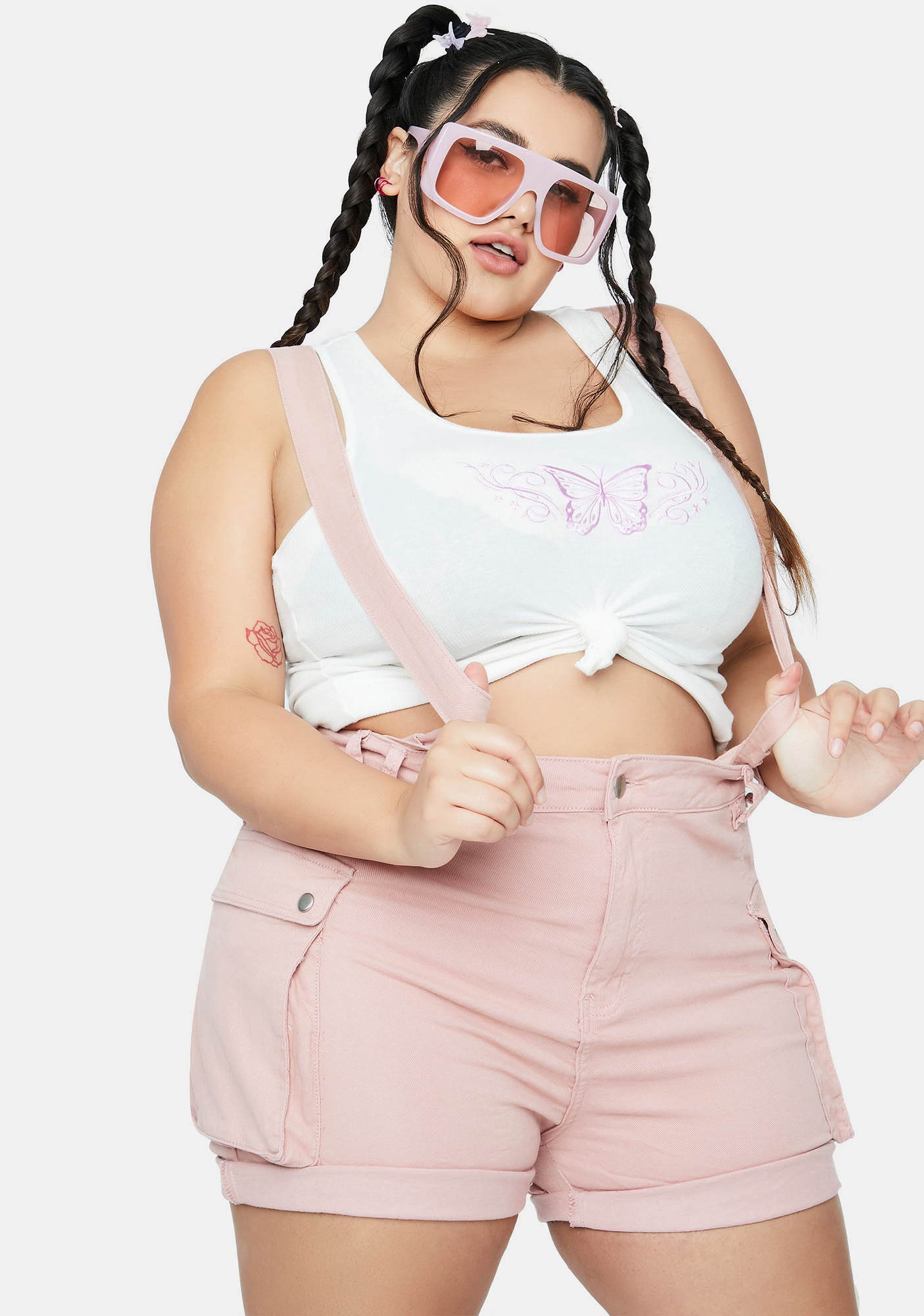 Plus Size Suspender Cargo Denim Short Overalls Pink Dolls Kill