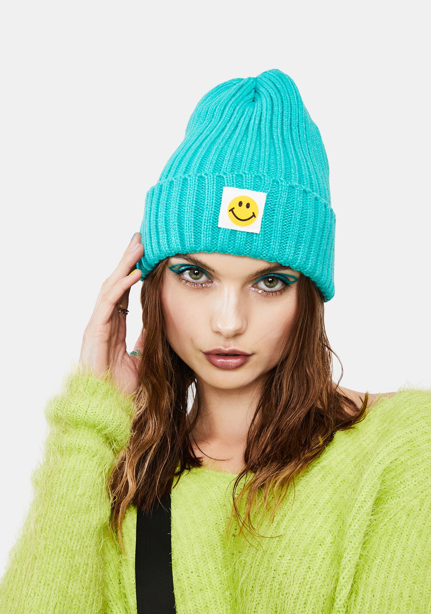 Smiley Face Ribbed Beanie - Teal | Dolls Kill