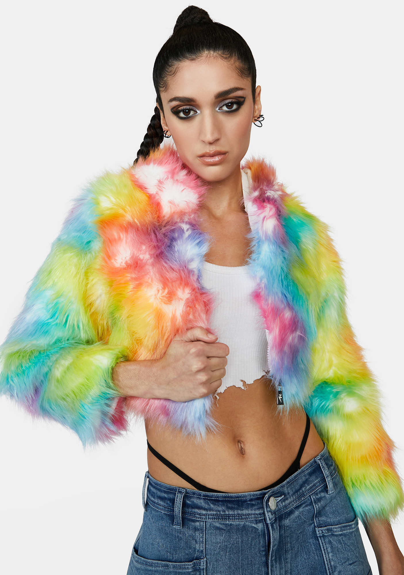 Cyberdog Light Up Faux Fur Crop Jacket - Rainbow | Dolls Kill