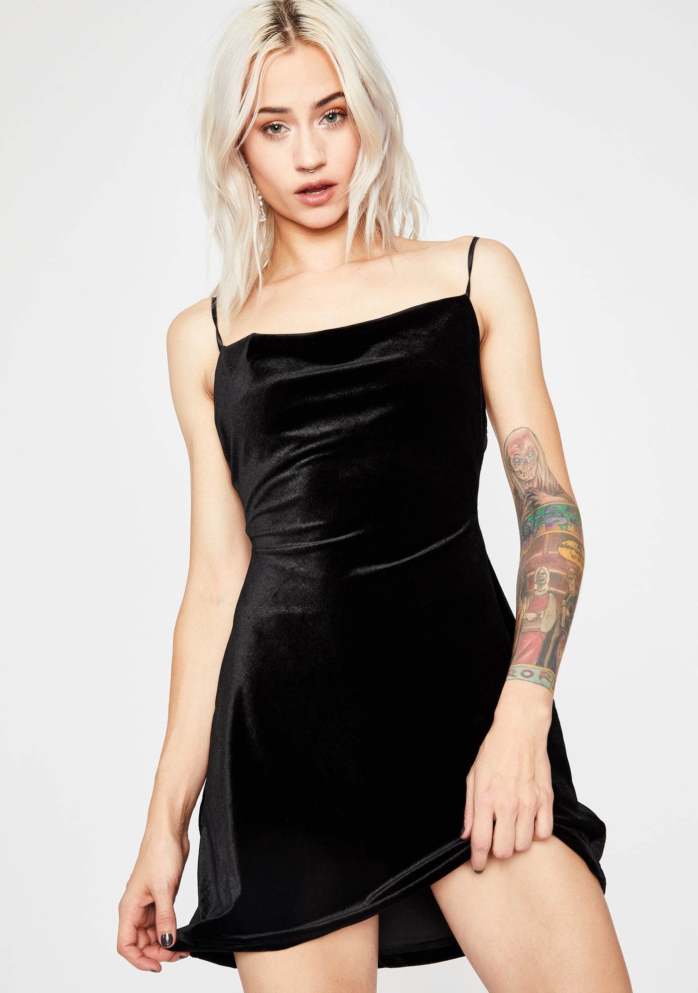 Velvet Mini Dress Cowl Neck Flared Low Back Black | Dolls Kill