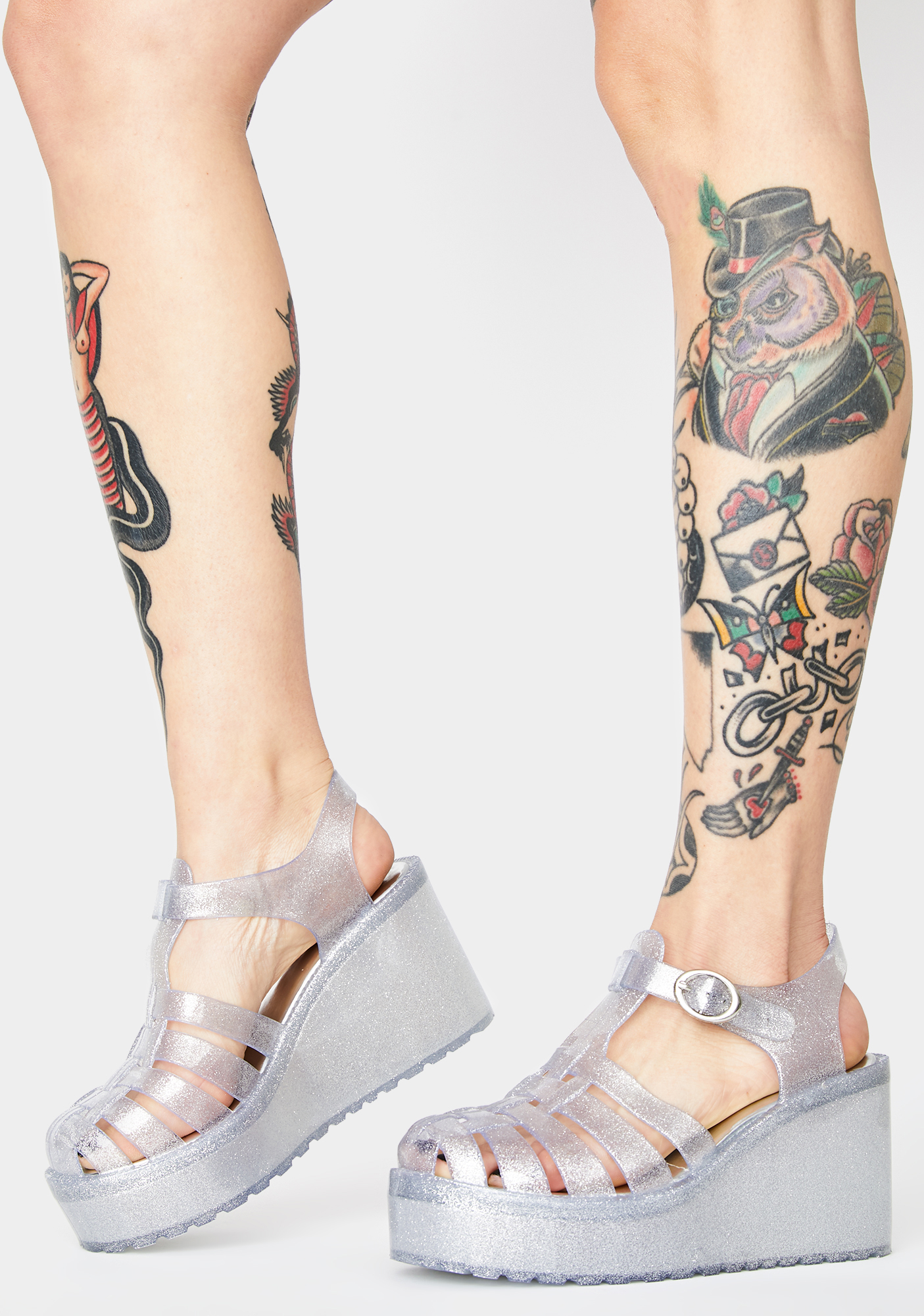 Glittery Platform PVC Jelly Shoes Silver Dolls Kill